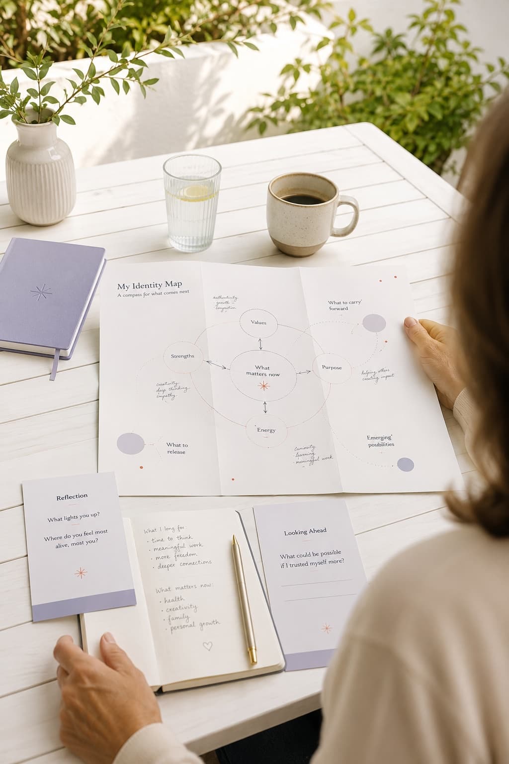 A person reviewing their personal Identity Map and reflection materials at a sunlit table