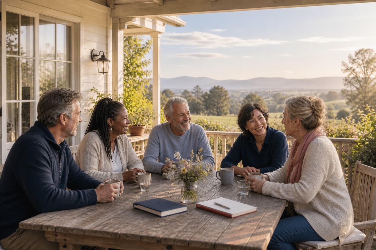 A small group in warm, unhurried conversation — the feeling of being heard and accompanied.