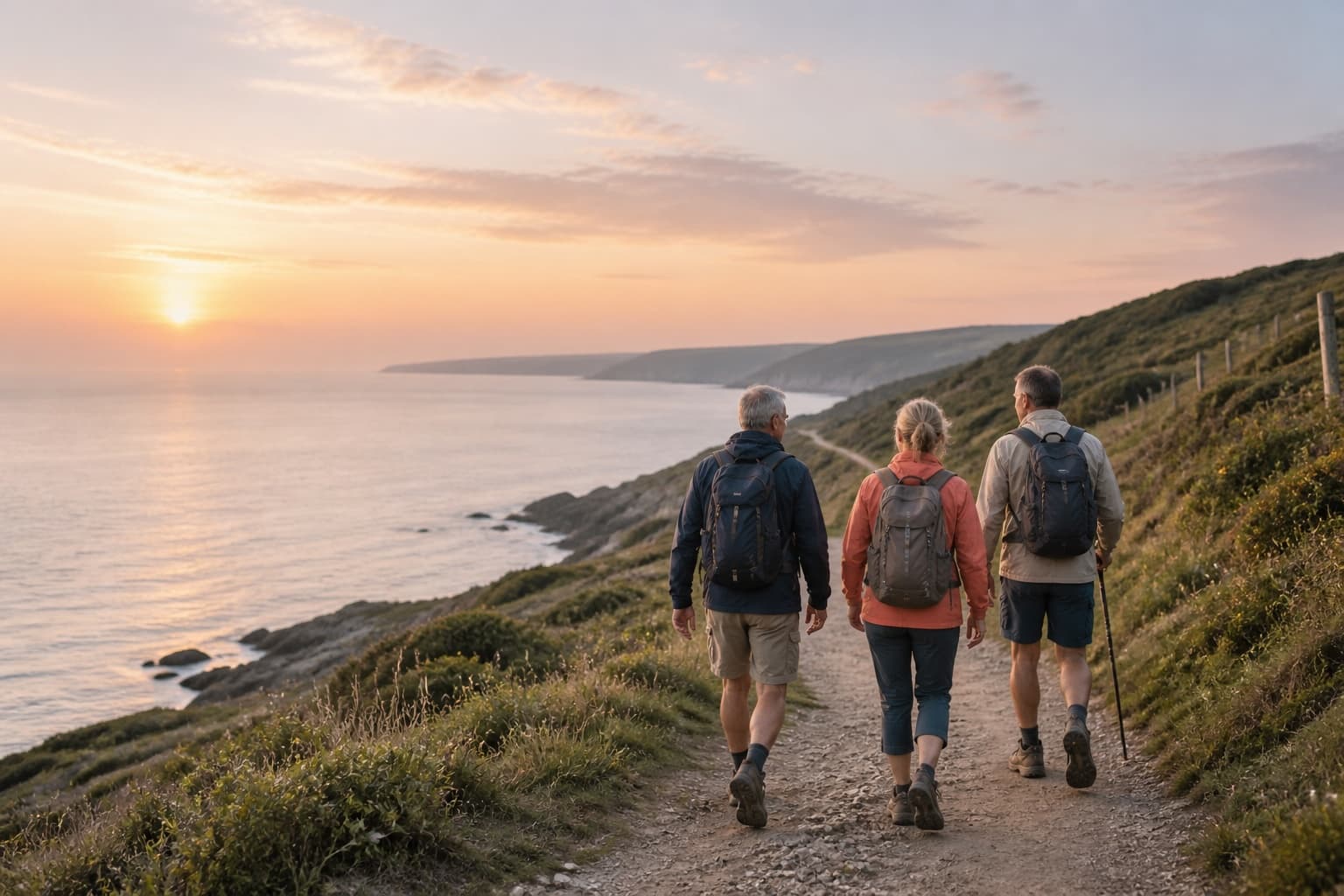 Three people walking together along a coastal path at sunset — fellow travellers moving forward with intention.