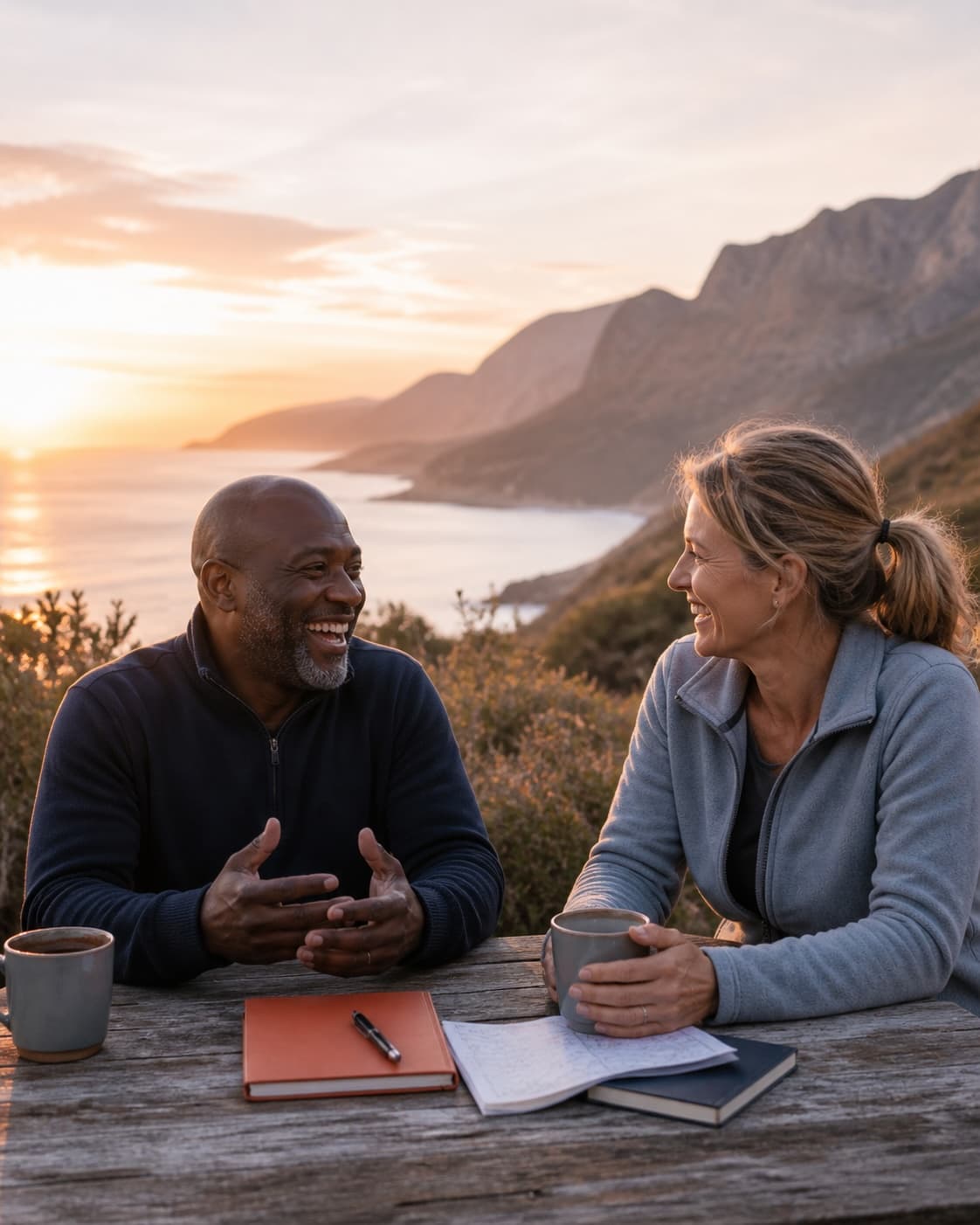 Two people sharing a reflective conversation at an outdoor table against a coastal sunset — the warmth of shared understanding.
